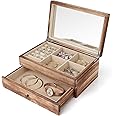 Meangood Jewelry Box Organizer for Women, 2 Layer Large Jewelry Storage Case, Rustic Wooden Jewelry Box with Mirror & Ring Tray for Necklace Earring Bracelets Rings, Vintage Style (Torched Wood)