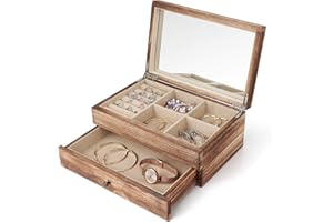 Meangood Jewelry Box Organizer for Women, 2 Layer Large Jewelry Storage Case, Rustic Wooden Jewelry Box with Mirror & Ring Tray for Necklace Earring Bracelets Rings, Vintage Style (Torched Wood)