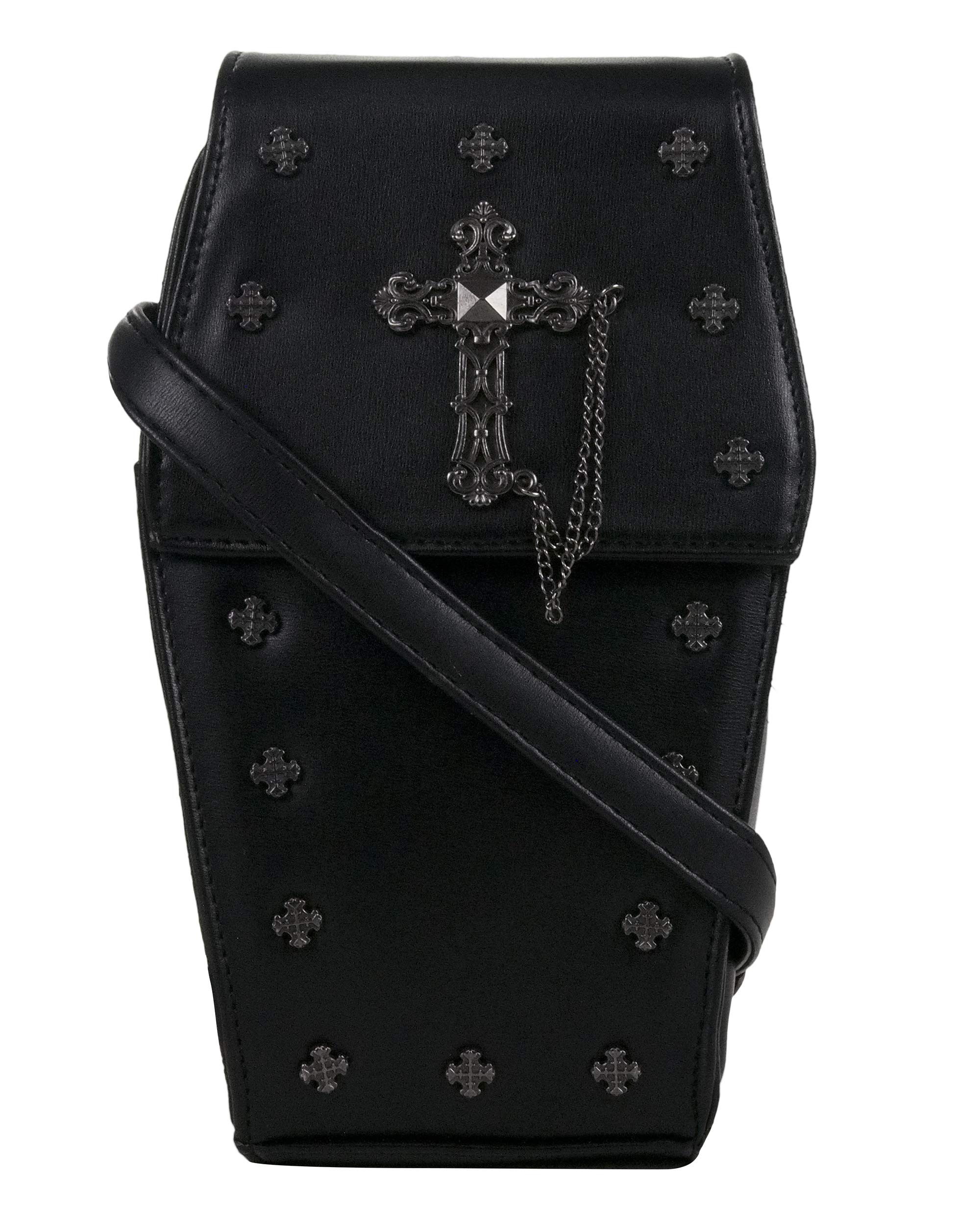 GOTHX Mini Black Coffin Metal Silver Cross Steam Punk Rock Goth Gothic Backpack Cross Body Small Handbag PU Vegan Leather Gig Festival Travel Bag