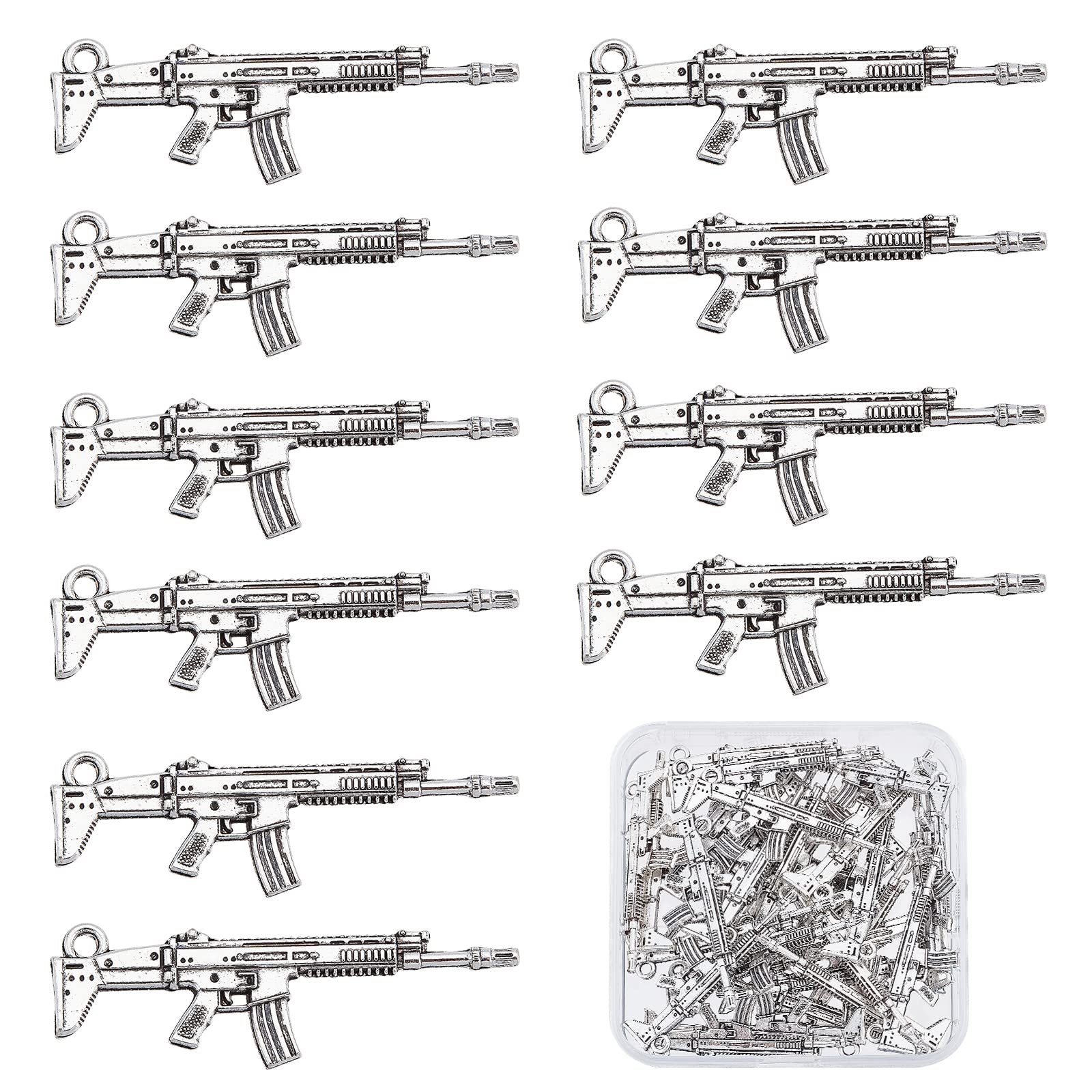SUNNYCLUE 1 Box 30Pcs Tibetan Style Alloy Pistol Gun Charm Weapon Charms for jewellery Making AK-47 Shape Rifle Charms Bulk 3D Nail Art Decoration Necklace Bracelet Earrings Keychain Supplies Craft