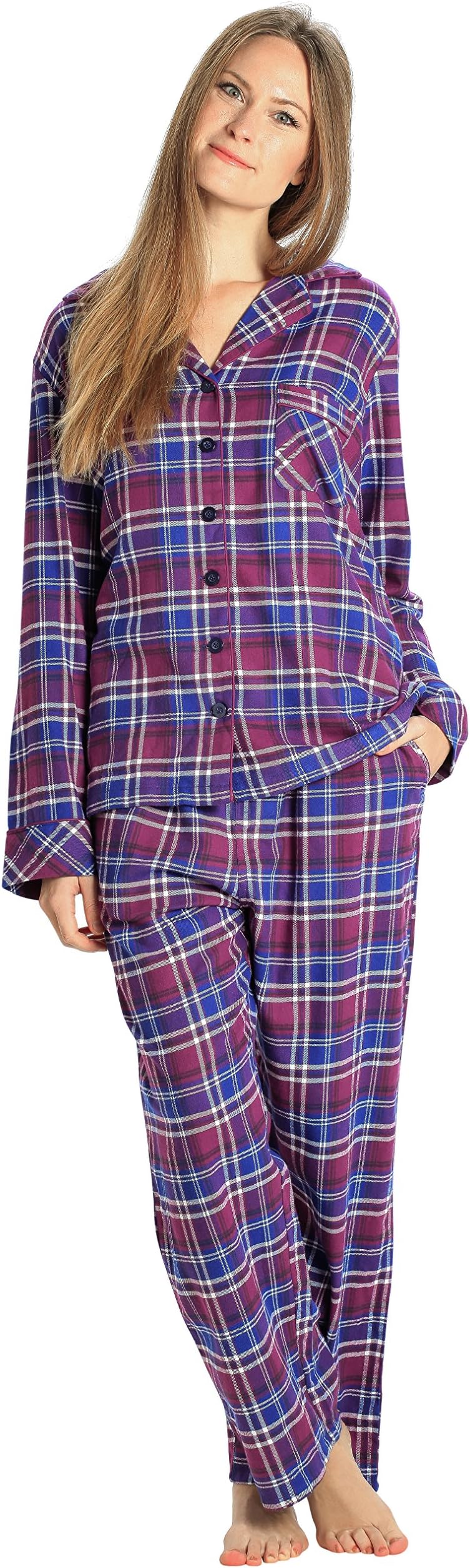 Sleepwear Womens Flannel Pajamas, Long 100% Cotton Pj Set