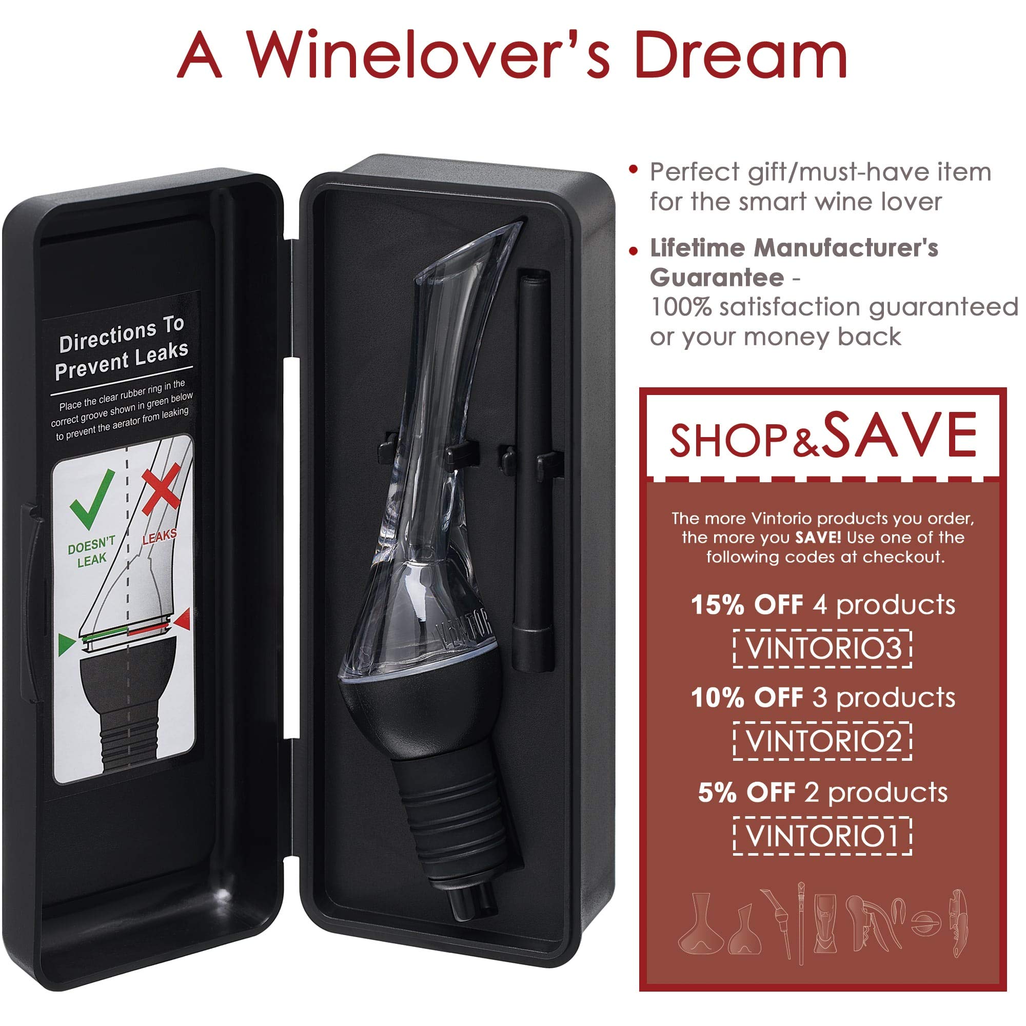 Vintorio Wine Aerator Pourer - Premium Aerating Pourer and Decanter Spout (Black) by Vintorio