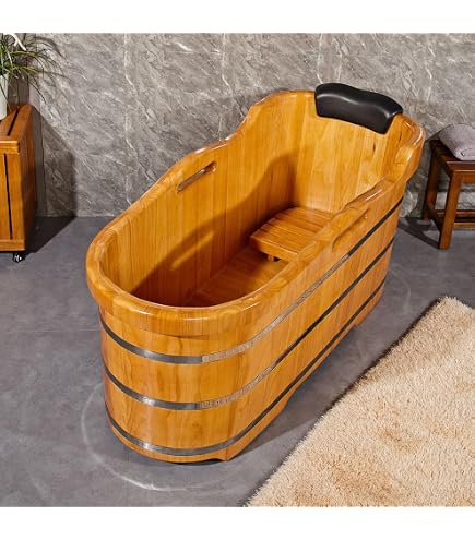 Wooden Japanese Soaking Bathtub, Natural Cedar Freestanding Double