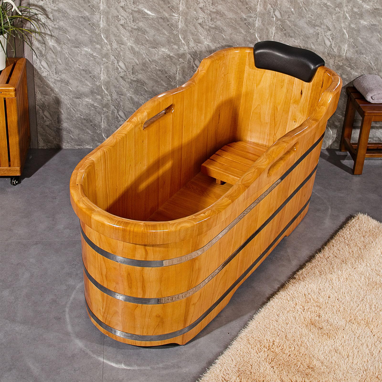 Photo 1 of 59” Freestanding Bathtub Wooden Soaking Tub Handcrafted Deep Soaking Bathtub with Wooden Handrails, Japanese Soaking Tub for Home Spa Relaxation, Freestanding Tub Wood Hot Tub STT15001  