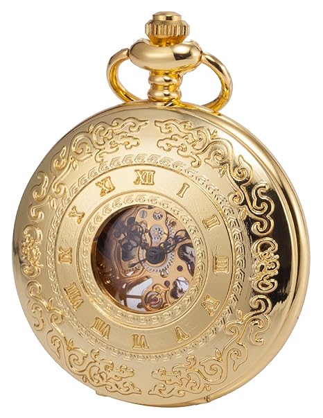 KS Taschenuhr mit Kette Herren Gold Mechanisch Skelett Analog Vintage Geschenkbox KSP045