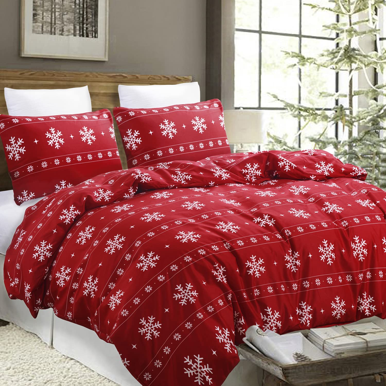 YEPINS Soft Christmas Bedding Duvet Cover Set for Christmas New Year Holidays, Snowflake Reindeer Striped Pattern Design, Red Colour- Brushed Microfiber King Size Quilt Cover Set