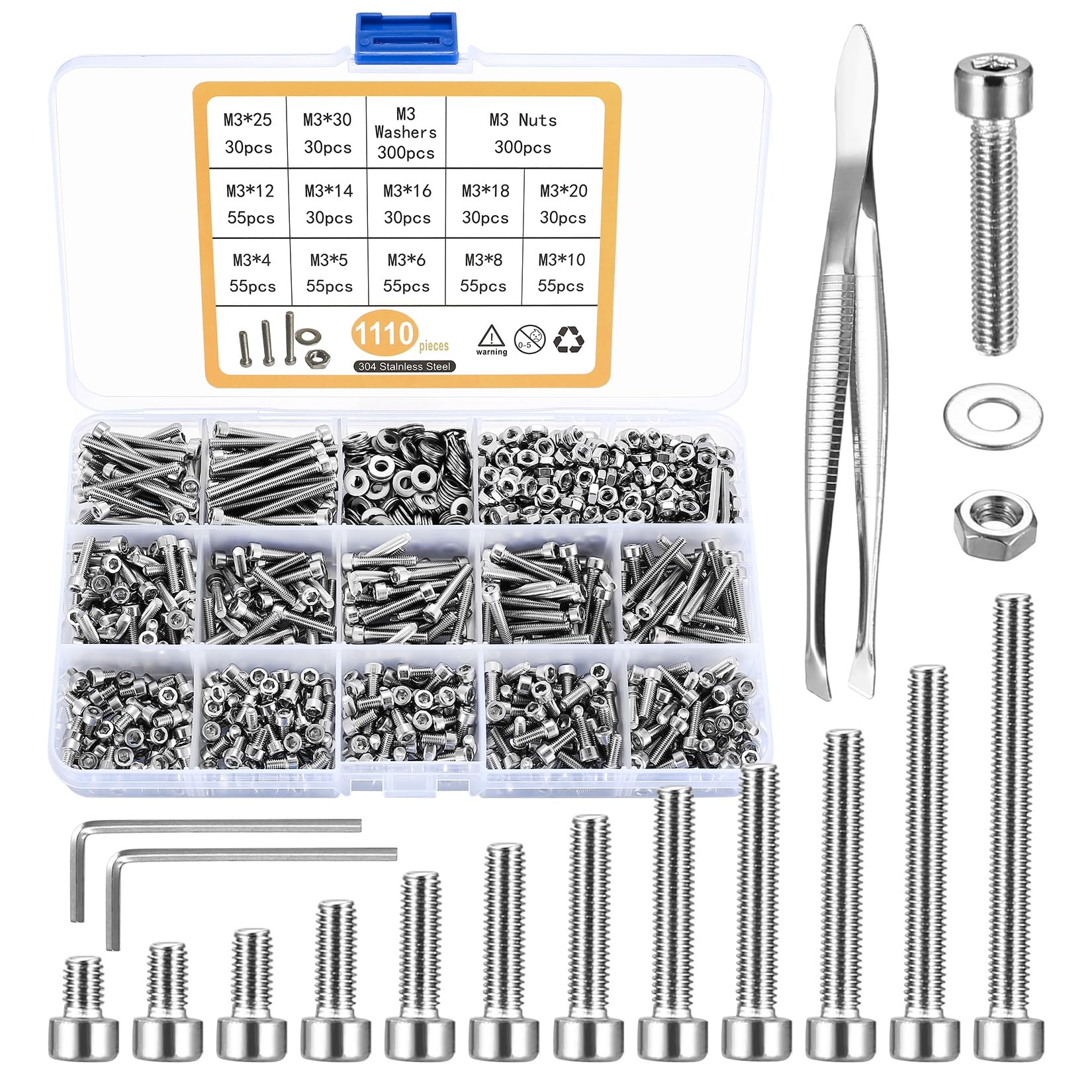 1110 Pcs M3 Bolts and Nuts Set, Hex Socket Button Head Cap Screws Bolts Nuts Assortment Kit, Stainless Steel Replacement Machine Fastener Screws Bolts Nuts Sets — image 1