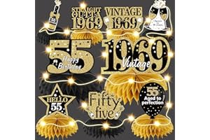 Bumqviy 9Pcs 55th Birthday Honeycomb Centerpieces Decorations with String Lights for Men Women, Black Gold Vintage 1969 Aged to Perfection Table Party Supplies, 55 Year Old Birthday Party Table Sign