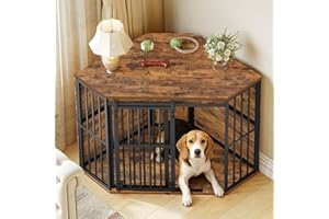 Hzuaneri Corner Dog Crate Furniture with Barn Door, Heavy Duty Dog Kennel Indoor, Wooden Decorative Pet Cage for Small Medium