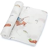 LollyBanks Baby Blanket, 100% Cotton Muslin Swaddle Blankets for Boys, Large 47 x 47 Inches Newborn Blanket, Soft and Breathable Receiving Blankets, Baby Essentials, Registry (Fishing Print)