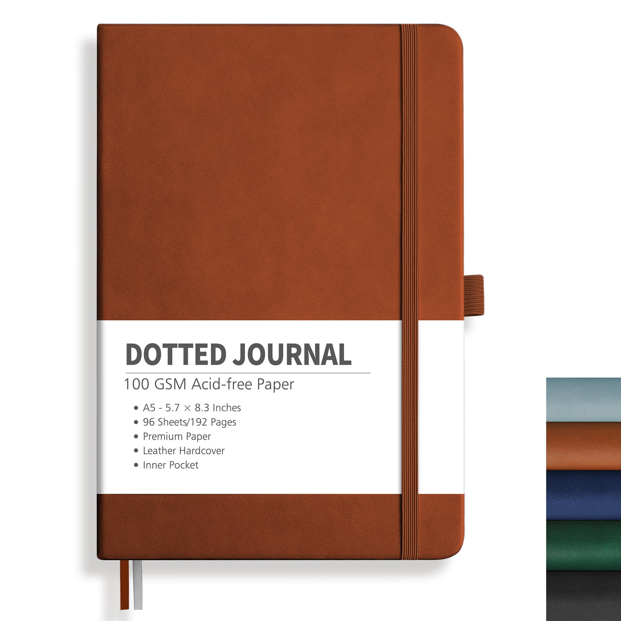 RETTACY Dotted Journal, A5 Dotted Notebook 192 Pages for Women Men Work Office School, 100 GSM Thick Paper, Leather Hardcover, Pen Holder, Bookmark, Inner Pocket and Banded, 14.8X21 cm - Brown