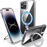 Flyzoo Magnetic Case for iPhone 14 Pro - [Built-in Invisible Stand] [Compatible with MagSafe] [Military Grade Drop Protection] Anti-Yellowing Hard Back Silicone Edge Cover, 6.1", Clear