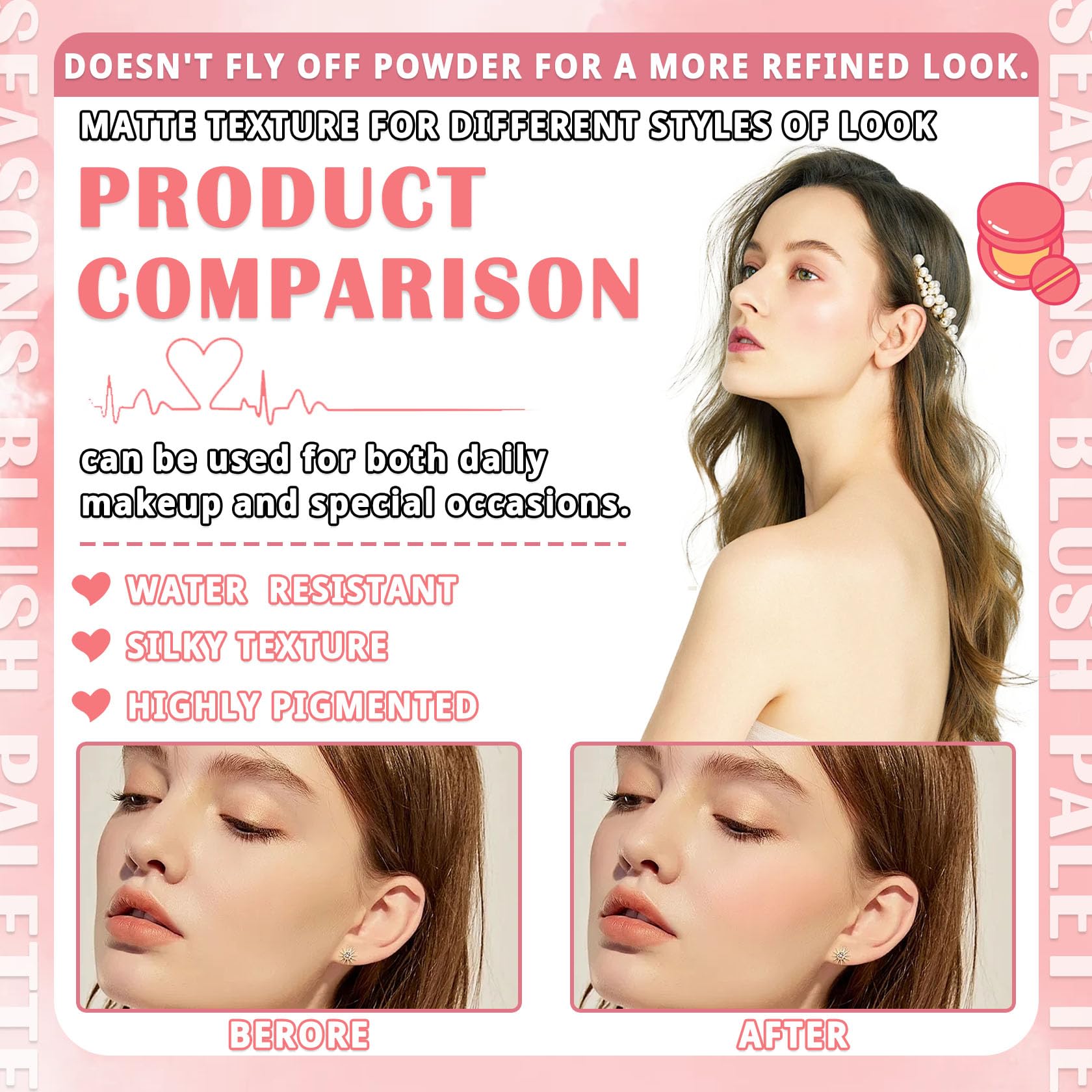 LingHaoLH 4 Colors Blush Palette for Cheeks,Face Matte Contour Blush Makeup Palette,Buildable Shimmer Facial Cheek Blusher Shades,Blendable Cosmetic Makeup Blush with Blush Brush 01