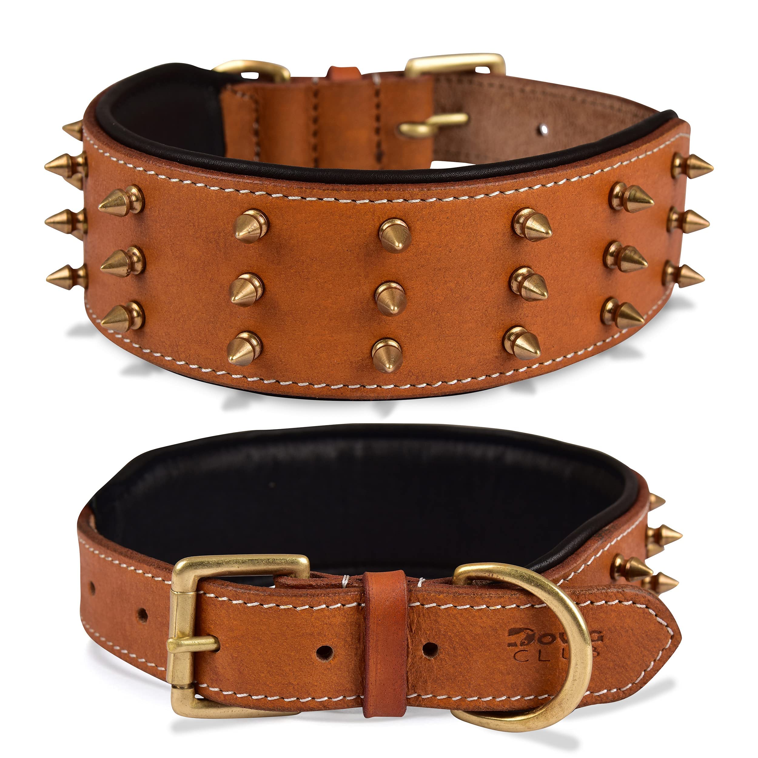 DowgClub | Genuine Leather Spike Dog Collar | Full Grain, Heavy Duty | Padded, Comfortable, Strong, Best for Large, X-Large Breeds | 2" Wide (XL (Fit Neck Size 21.5"-25.5"), Brown - Gold Spikes)