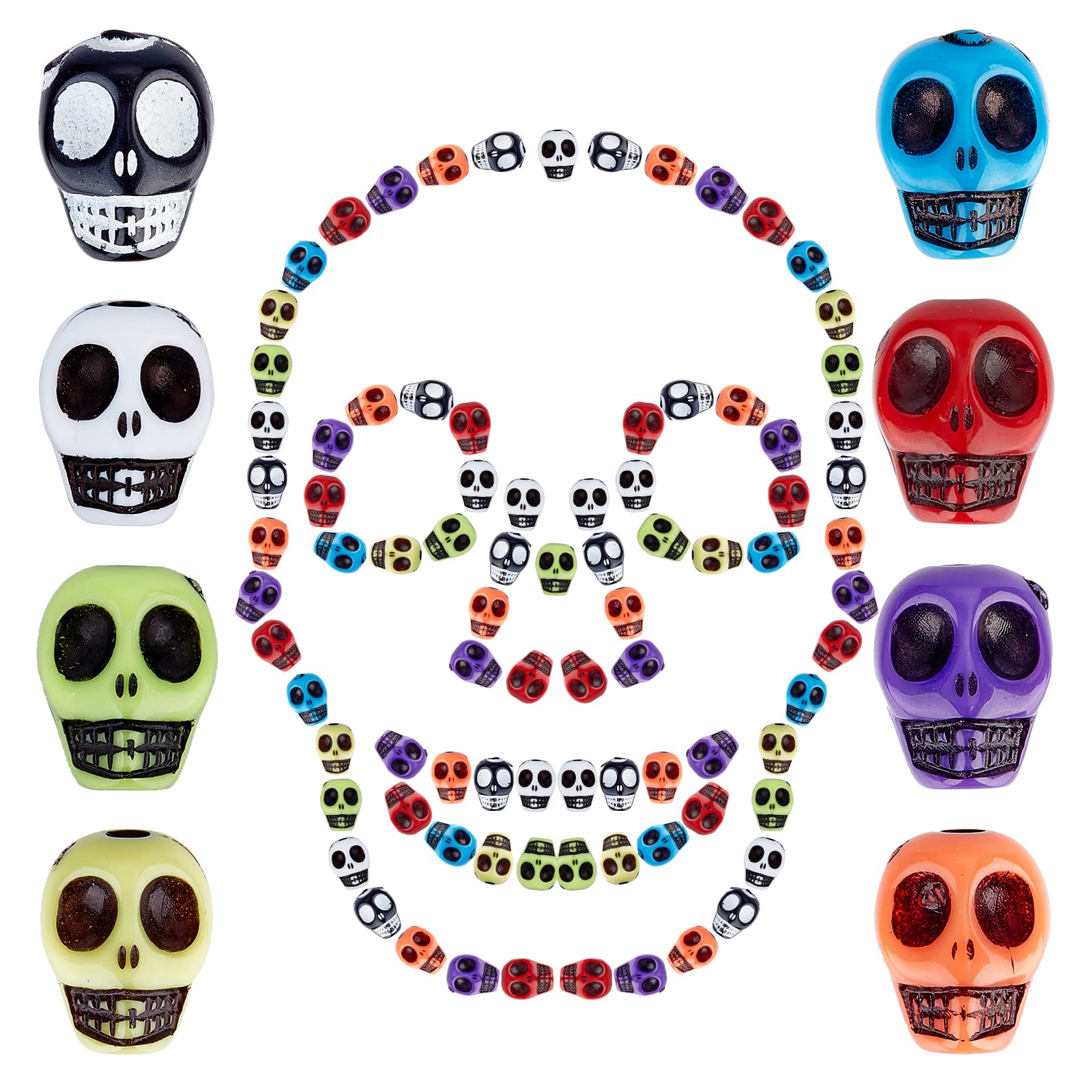 PH PandaHall 120pcs Skeleton Head Beads Mixed Color Resin Halloween Skeleton Skull Spacer Bead Charm for Halloween Earring Bracelet Jewellery Making