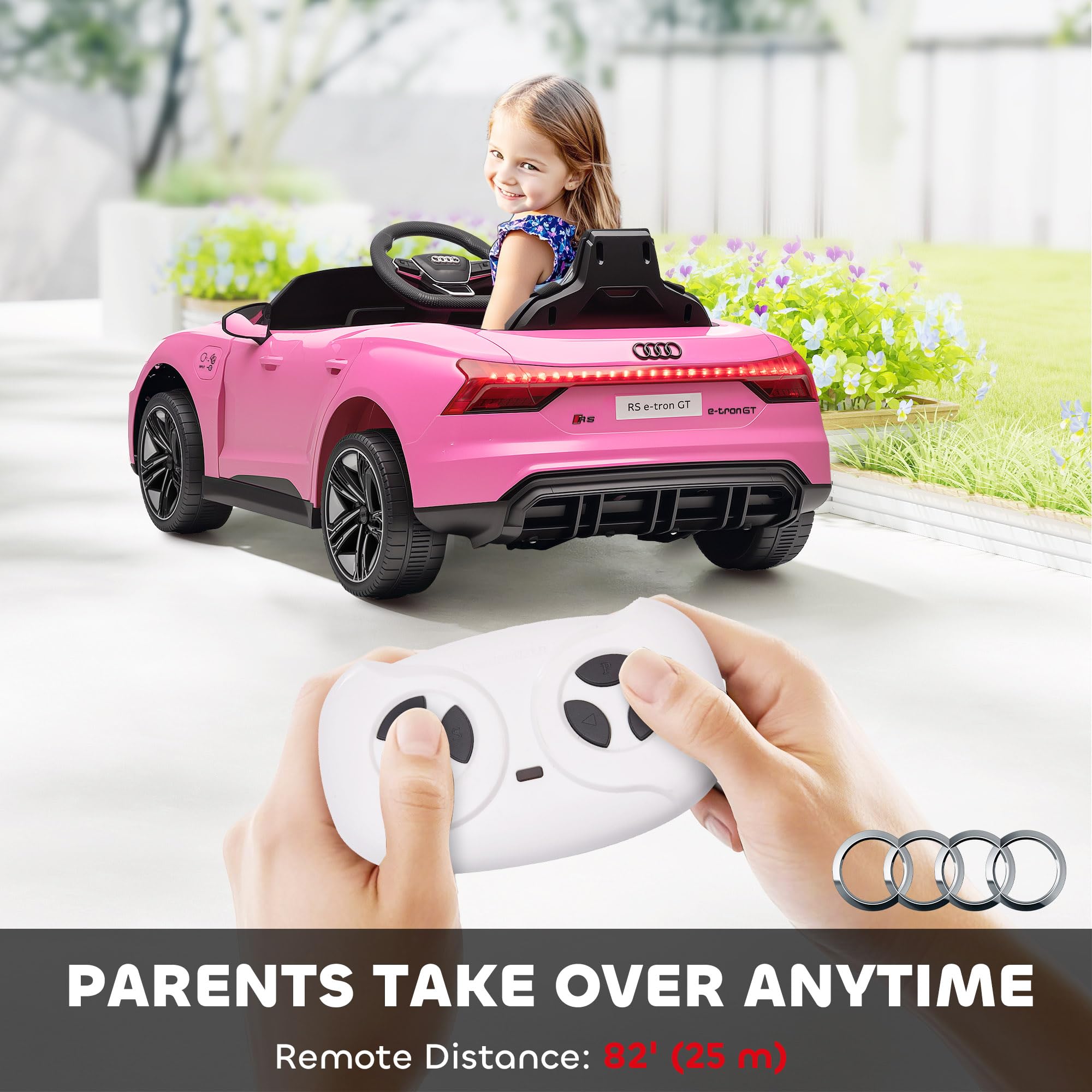 Aosom Electric Car for Kids, 12V Licensed Audi RS E-tron GT 3.1 MPH Kids Ride on Car, Ride-on Toy with Remote Control, 4 Suspension Wheels, Horn, Music, Lights, for Boys and Girls, Pink