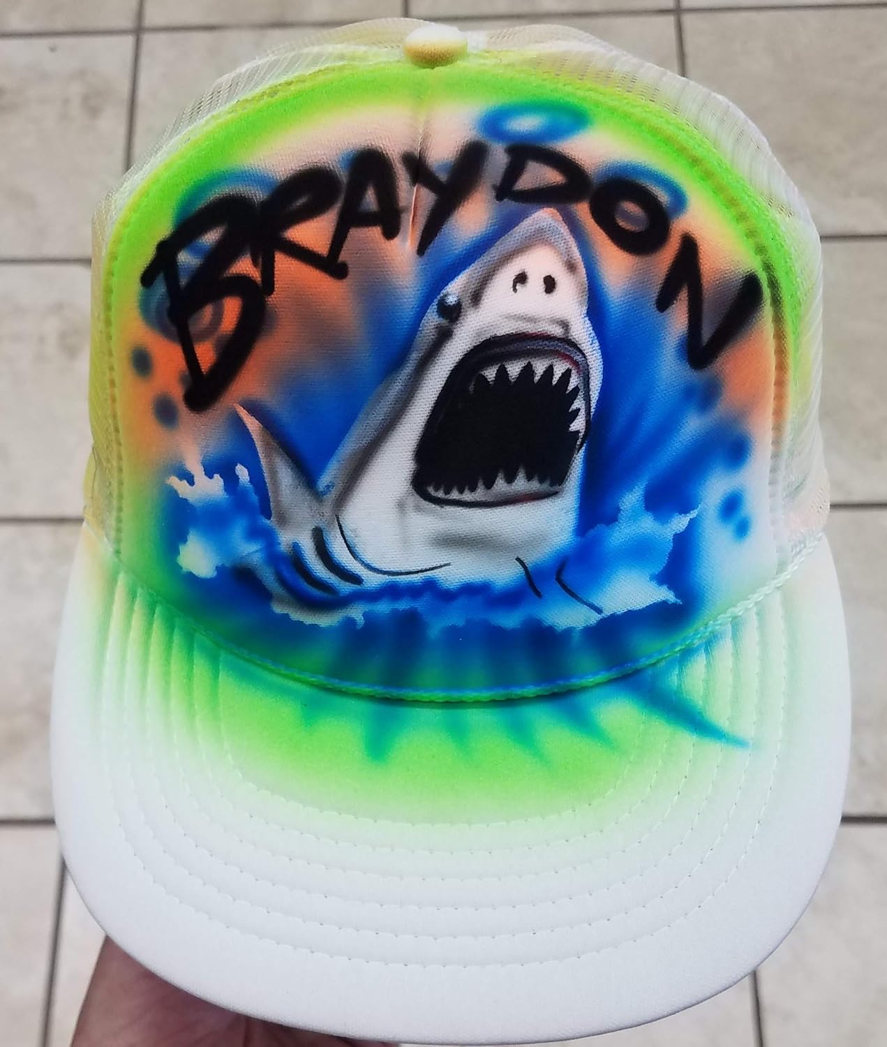 Airbrush Trucker Hat Cap - Great White Shark - Personalized with Name - Many Hat Colors Available!