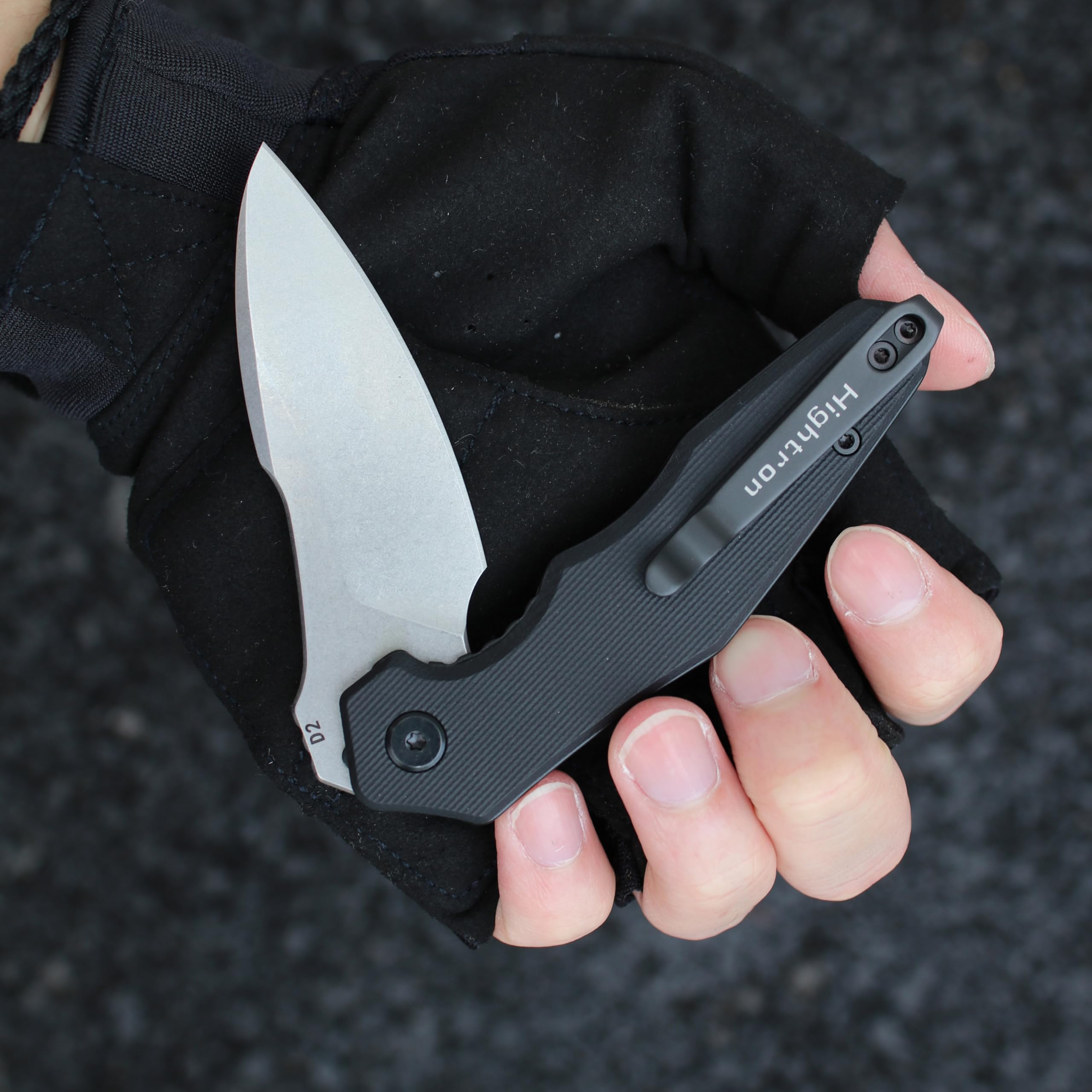 Hightron MINI VENTURA Taschenmesser für Herren, Flipper-Klappmesser mit 7.24CM Scharfer Stonewashed-Klinge aus D2-Stahl & G10-Griff, Kleines Taschenmesser mit Taschenclip für den Außenbereich, Schwarz 5
