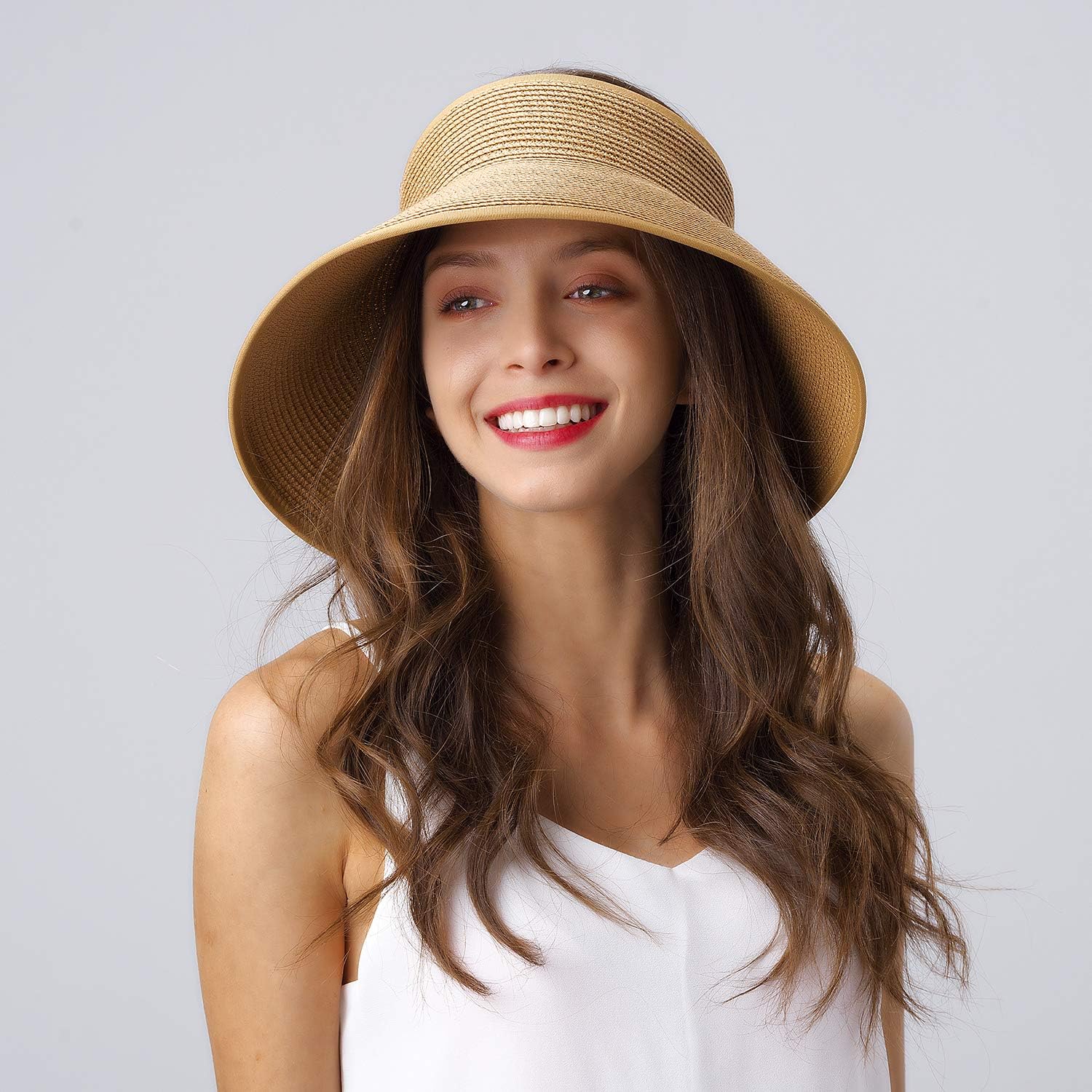 FURTALK Roll Up Sun Visor Wide Brim Straw Hats for Women Ponytail Summer Beach Hat UV UPF Travel Foldable Packable (One Size, Pure Khaki) at  Women’s Clothing store