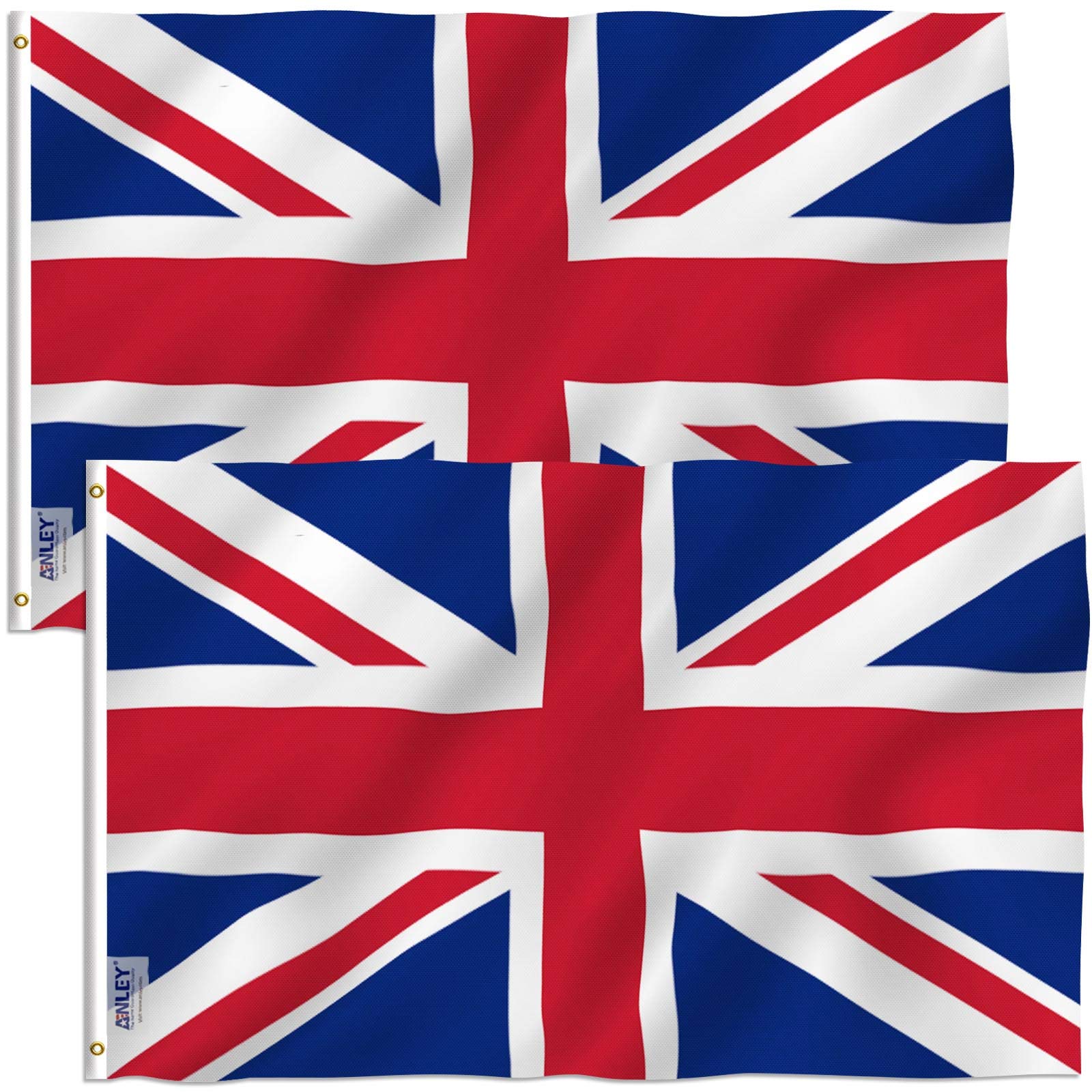 Anley Pack of 2 Fly Breeze 3x5 Foot United Kingdom UK Flag - Vivid Color and Fade proof - Canvas Header and Double Stitched - British National Flags Polyester with Brass Grommets 3 X 5 Ft