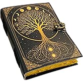 Tree of Life Leather Journal with Moon Phase Vintage Handmade Notebook with 200 Deckle Edge Pages – Vintage Writing Traveling Diary with Brass C-Lock – Gift for Women & Men 7x5 Inch