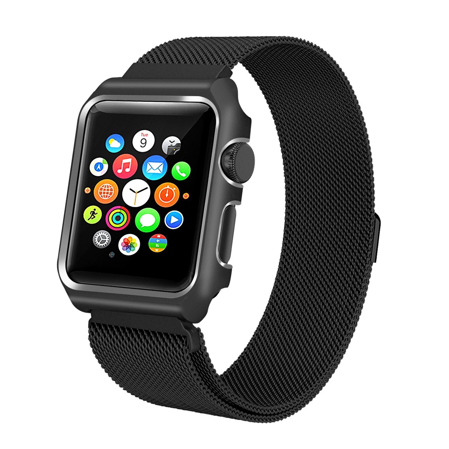 Aifulo Apple Watch Band 42mm, Adjustment Milanese Loop Stainless Steel Mesh Magnetic Replacement Wrist Band with Metal Protective Case for Apple Watch 42mm Series 1 Series 2 Series 3 - Black