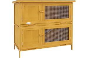 PawHut Rabbit Hutch, Wooden 2 Tier Bunny Guinea Pig Cage with Openable Top, Slide-Out Tray, Ramp, Asphalt Roof, for 2 Rabbits