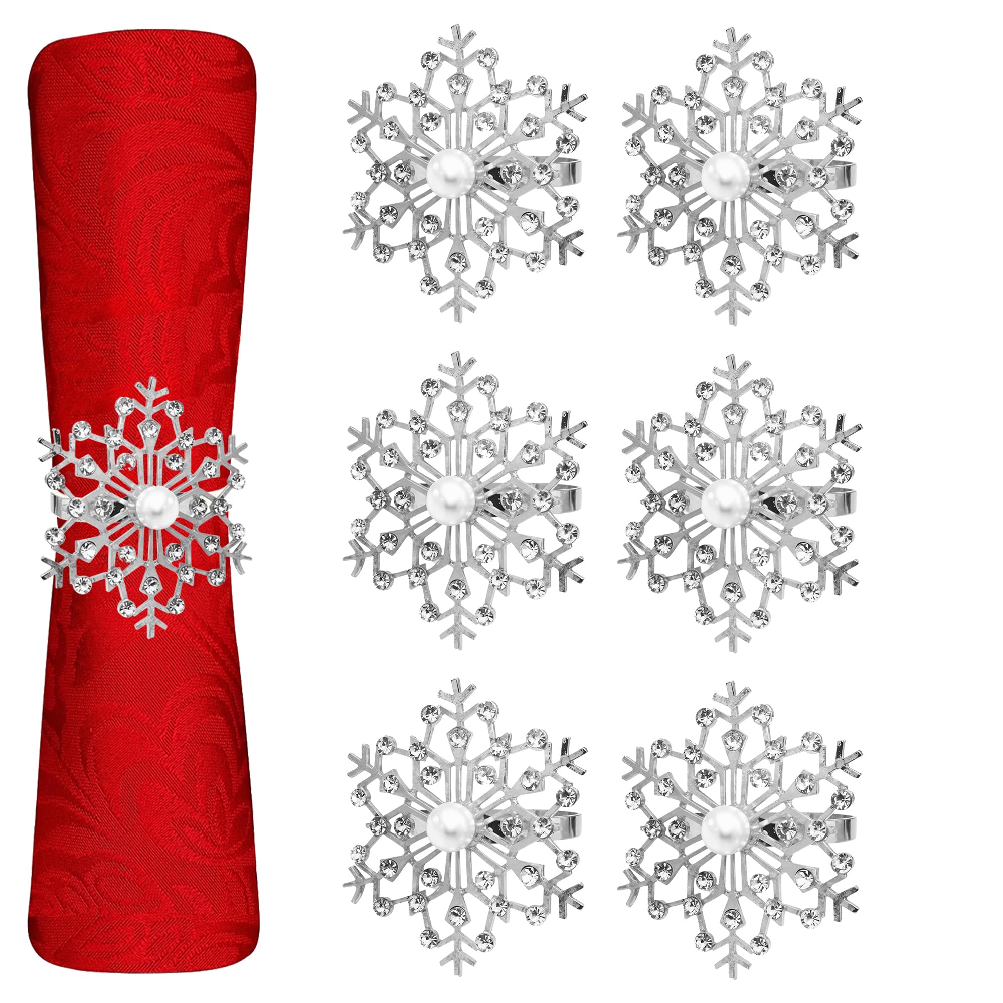 Trimming Shop Snowflakes Napkin Rings, Faux Pearl with Diamante Rhinestone Christmas Napkin Holder, Xmas Serviettes for Christmas Dinner, New Year, Weddings, Silver, Pack of - 6