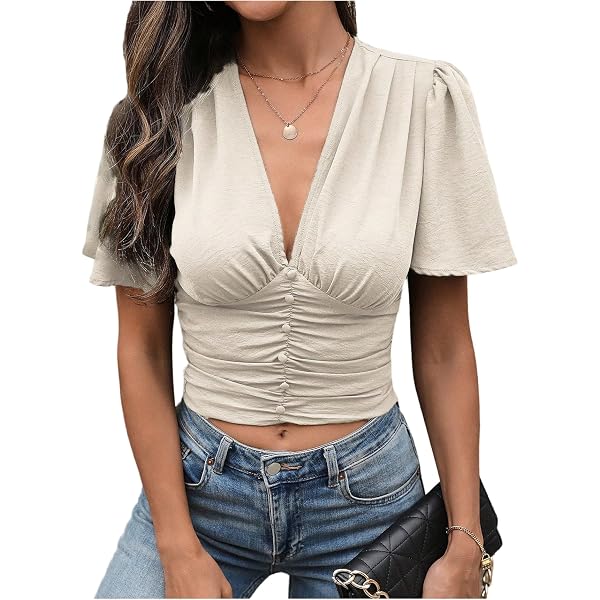 Women Summer Sheer Low Cut V-Neck Short Sleeve Tops Ruffle Trim