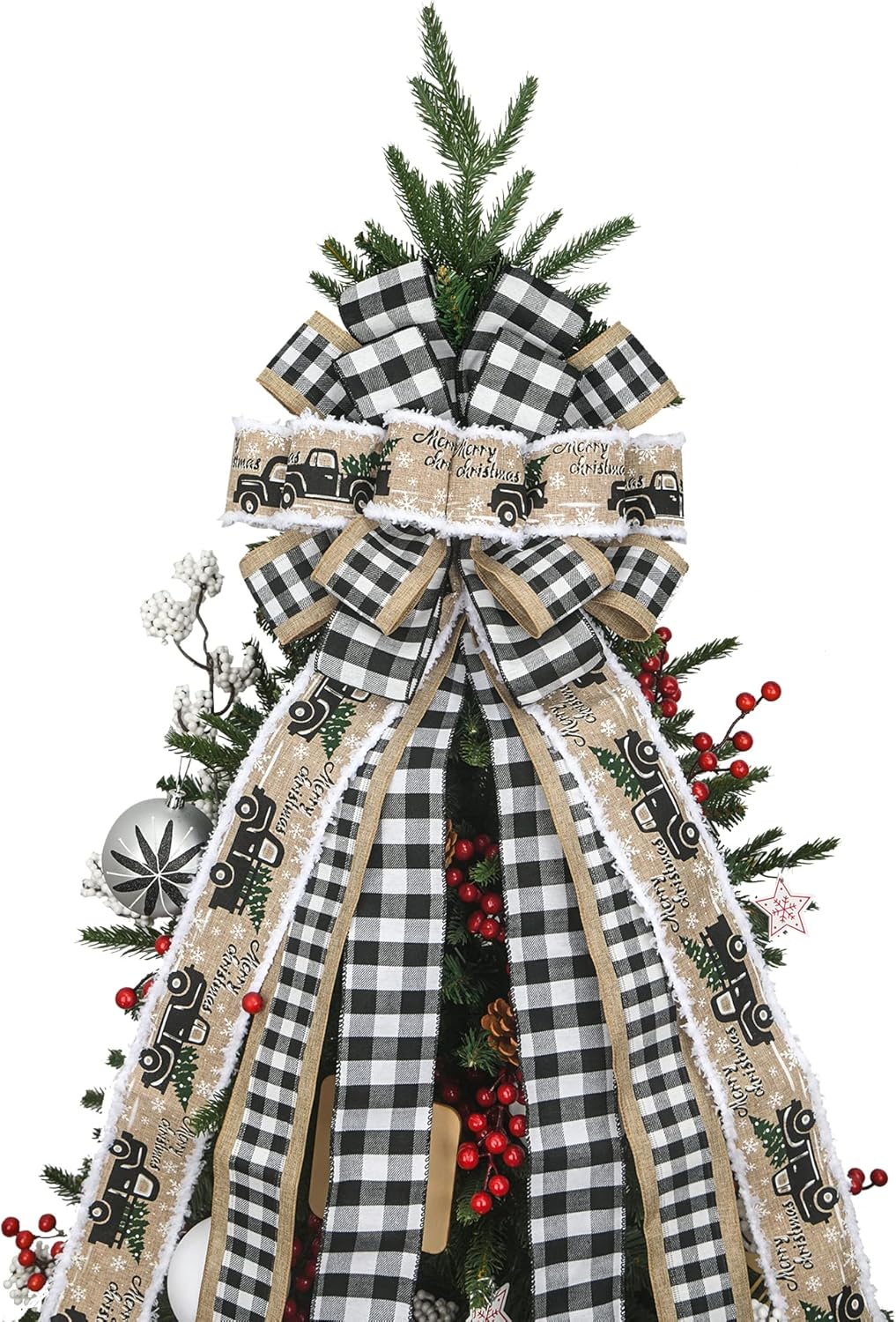 Tree Toppers - Christmas Tree Topper,45x13 Inches Large Black White Plaid Toppers Bow with Burlap and Truck for Christmas Decoration(Black White Plaid and Truck)
