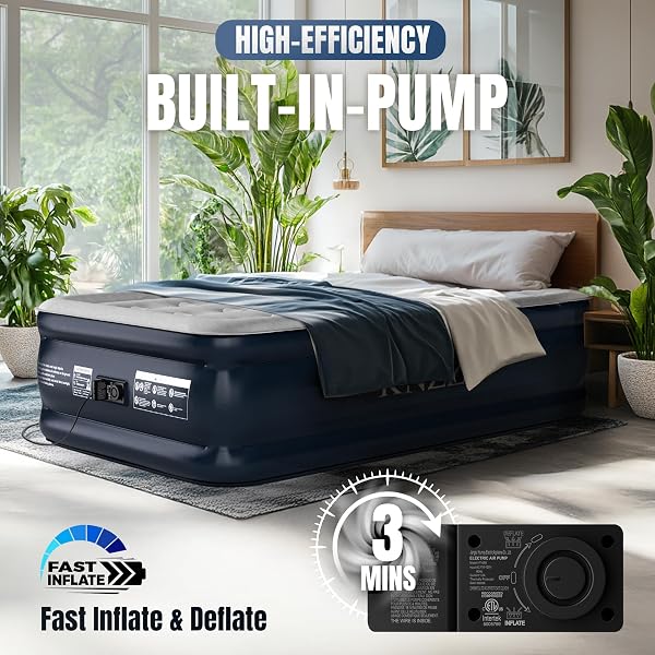KNZZO TWIN AIR MATTRESS WITH BUILT-IN PUMP, 18″ TOP INFLATABLE MATTRESS WITH WATERPROOF FLOCKING FABRIC, THREE-MINUTE QUICK-INFLATABLE BED. PORTABLE BLOW UP MATTRESS FOR HOME, OUTDOOR AND GUESTS