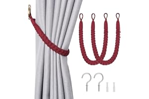 NICEEC 2 Pack Natural Cotton Rope Curtain Tiebacks Elegant Boho Style Decorative Drape Tie Backs Soft Hand-Woven Rope Curtain Holdbacks with Metal Hook for Home & Office Drapery (Wine Red)