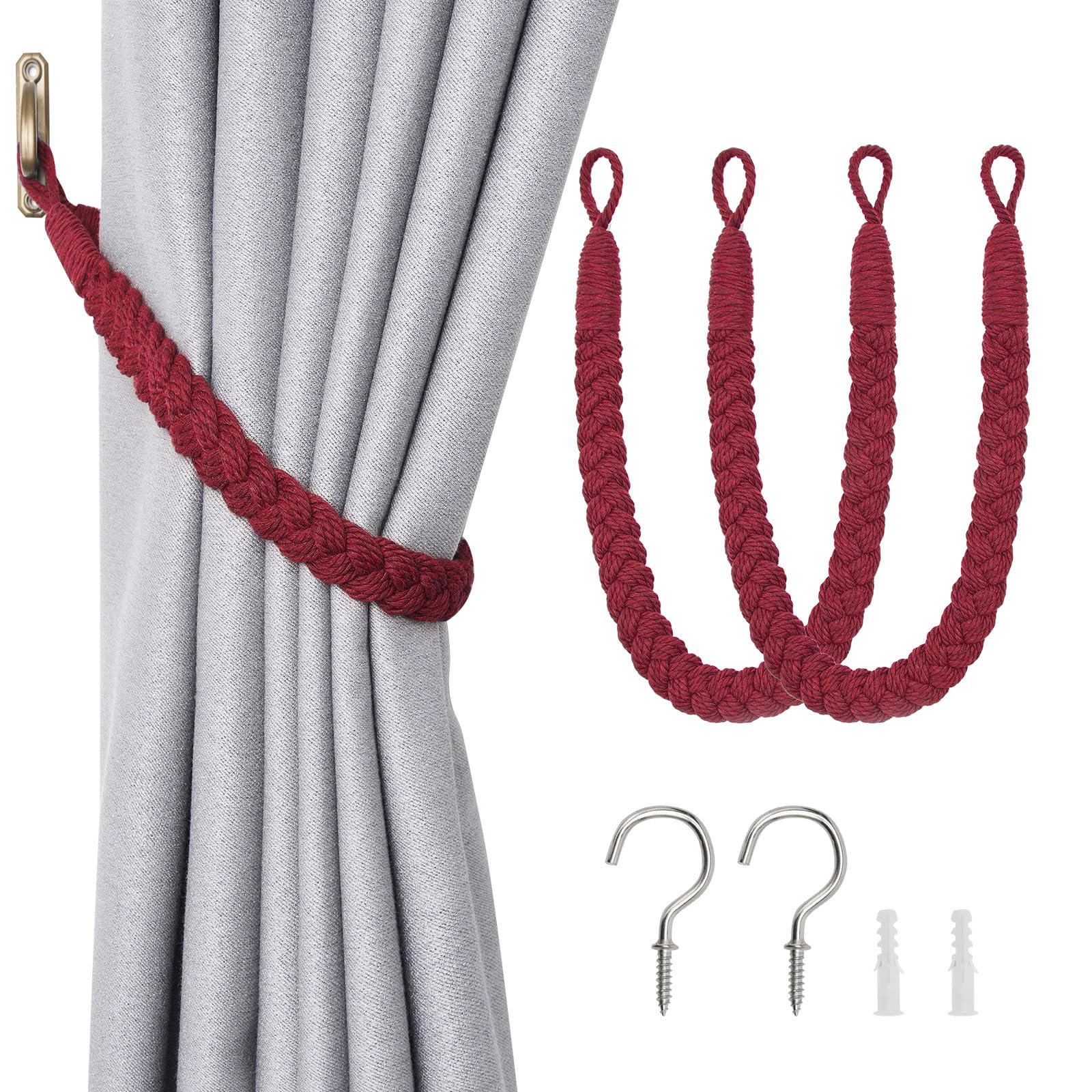 Pretty Jolly 2 Pack Natural Cotton Rope Curtain Tiebacks Elegant Boho Style Decorative Drape Tie Backs Soft Hand-Woven Rope Curtain Holdbacks with Metal Hook for Home & Office Drapery (Wine Red)