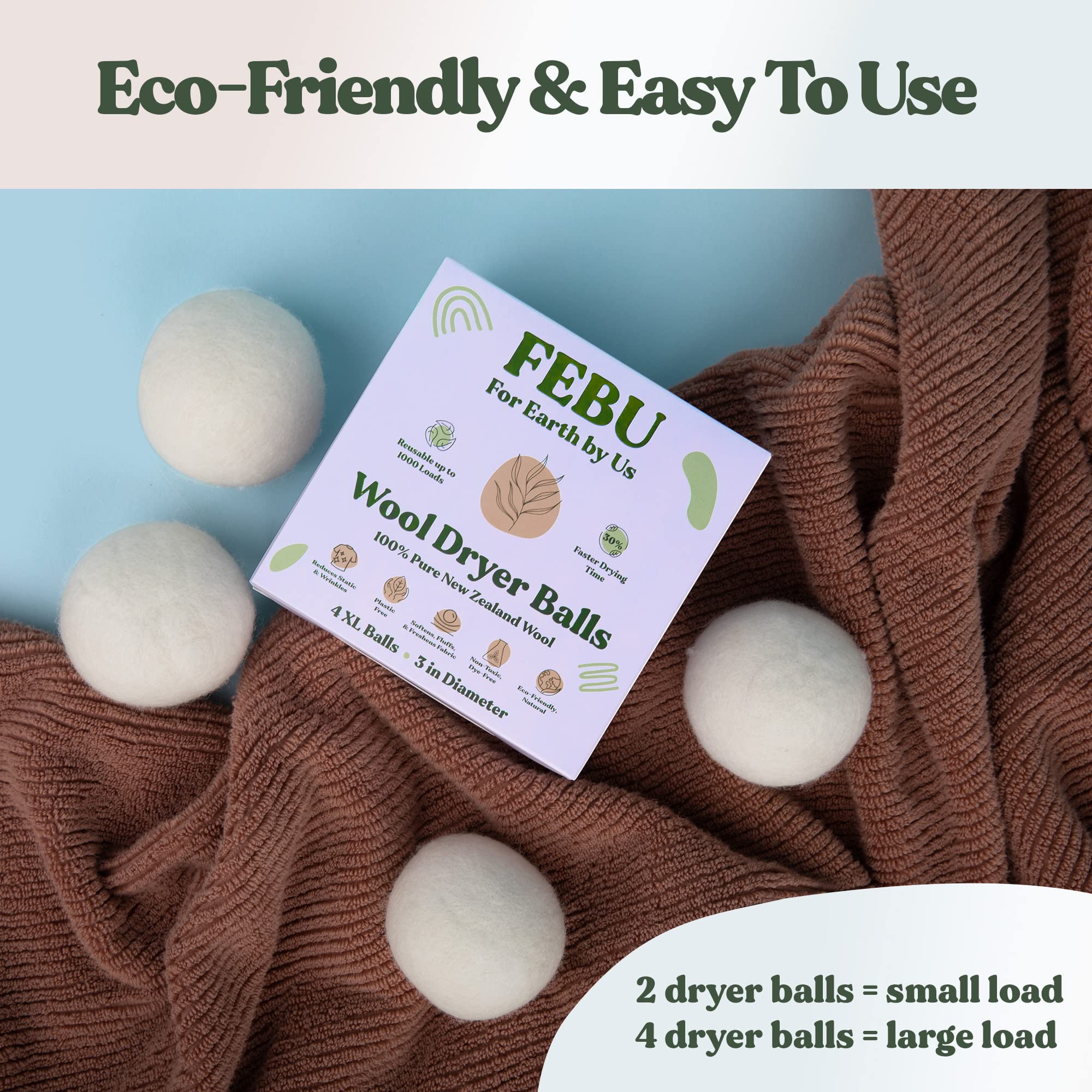 FEBU Wool Dryer Balls, 6-Pack, XL | 100% New Zealand Wool | Natural, Reusable Fabric Softener | Alternative to Dryer Sheets | Reduces Wrinkles, Shortens Drying Time, Zero Waste