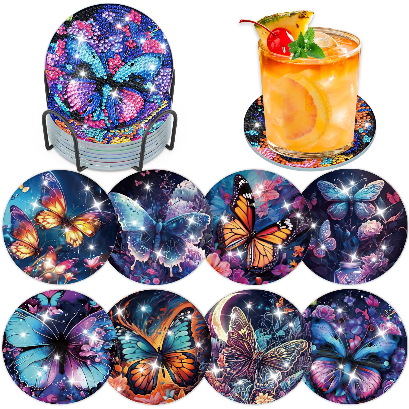 Lxmsja Butterfly Diamond Painting Coasters with Holder, Diamond Art Coasters Set of 8 for Adults Kids Beginners, DIY Funny Drinks Coasters with Cork, Craft Sets Gifts for Women Girls Kids