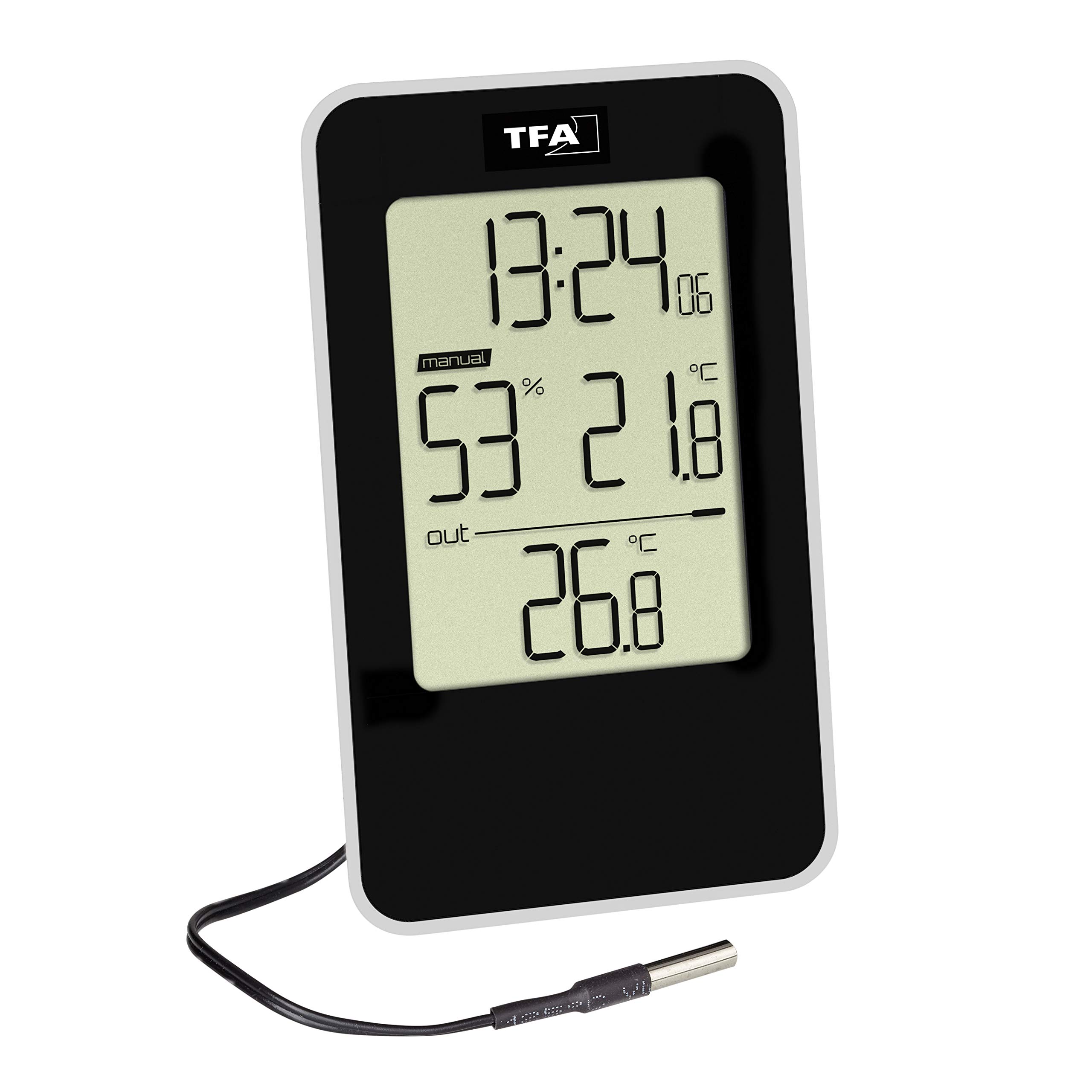 TFA Dostmann Digital Thermo-Hygrometer, 30.5048.01, indoor and outdoor temperature, time, max.-min. values, black