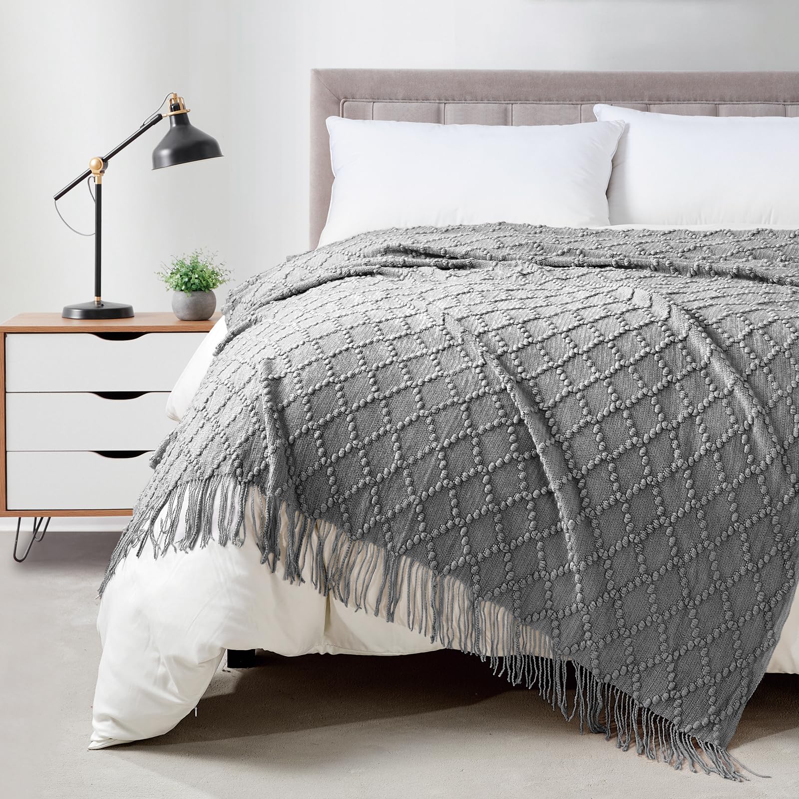 BOURINA Throw Blanket Textured Solid Soft Throws and Blankets for Sofa or Bed Knitted Decorative Blanket 127x178cm Light Grey