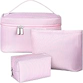 Huhumy 3 Pieces Makeup Bag Set for Women Cute Seersucker Cosmetic Pouch Travel Toiletry Bag Preppy Small Makeup Purse Pouch Aesthetic Skincare Brushes Storage Organizer for Women(Pink)