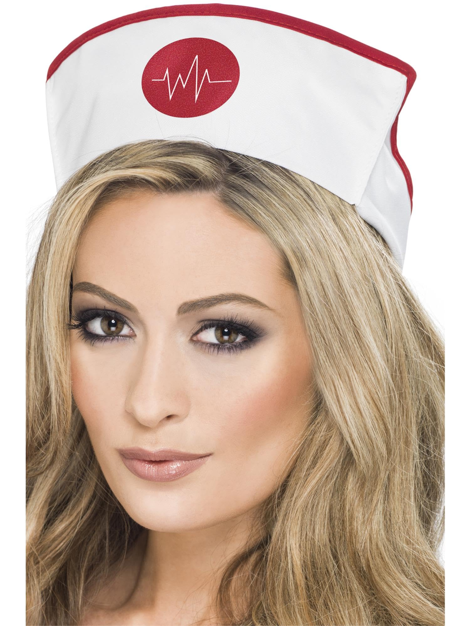 Smiffys Women's Nurse Hat, Classic White with Red Trim and Medical Heartbeat Logo, One Size Fits Most, Adult Fancy Dress Accessory, Suitable for Nurses and Medical Theme Costumes Halloween