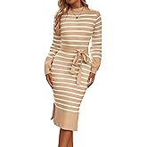 Simplee Womens Long Sleeve Sweater Dress Ribbed Knit Bodycon Fall Slim Fit Slit Tie Waist Midi Dresses with Belt