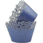 Cupcake Wrappers Pack of 50 Blue Filigree Artistic Bake Cake Paper Cups Little Vine Lace Laser Cut Liner Baking Cup Muffin Case Trays for Wedding Party Birthday Decoration -By KEIVA