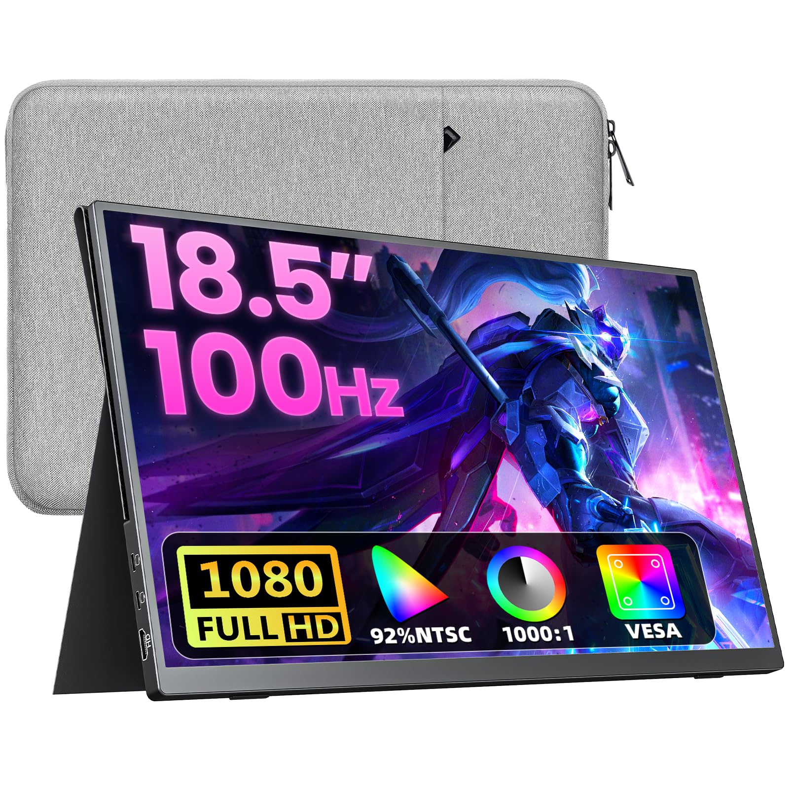 Upperizon Portable Monitor 18.5 inch FHD 130% sRGB 100Hz HDR HDMI USB-C Travel Monitor for Laptop MacBook PC Surface PS5 Xbox, Large External Display with Cover & Speakers, VESA Compatible Image