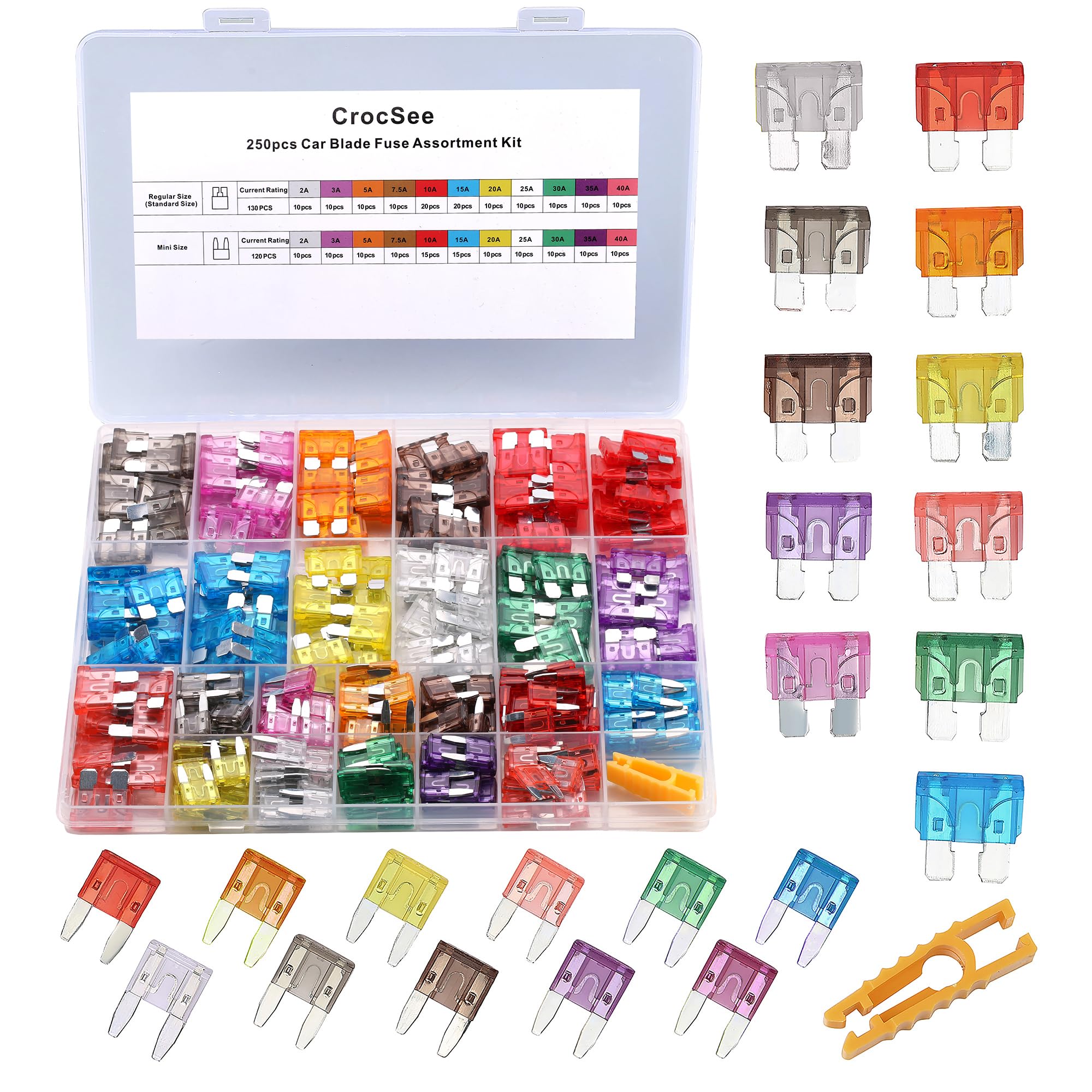 CrocSee 250 Pieces - Car Fuses Assortment Kit, Blade-Type Automotive Fuses - Standard & Mini Size (2A/3A/5A/7.5A/10A/15A/ 20A/25A/30A/35A/40A), Replacement Fuses for Car/RV/Truck/Motorcycle/Boat