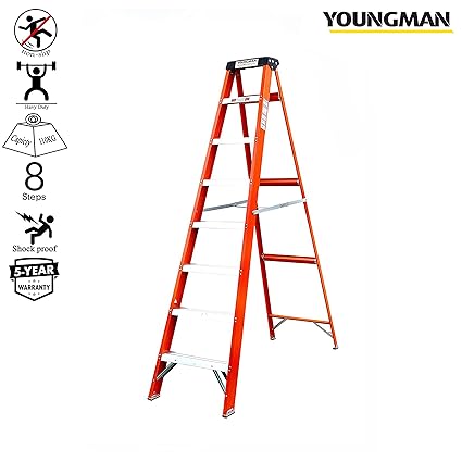 Youngman Fiber Glass 8 Step Electric Shock Proof Foldable Ladder with Tool Tray for Professional & Home Use -Capacity Upto (150 Kgs) (Orange, 7. 8ft)