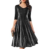 Dressystar Womens Velvet Midi Sequin Cocktail Dress Fall Winter Long Sleeve Formal Wedding Guest Party Dresses with Pocket