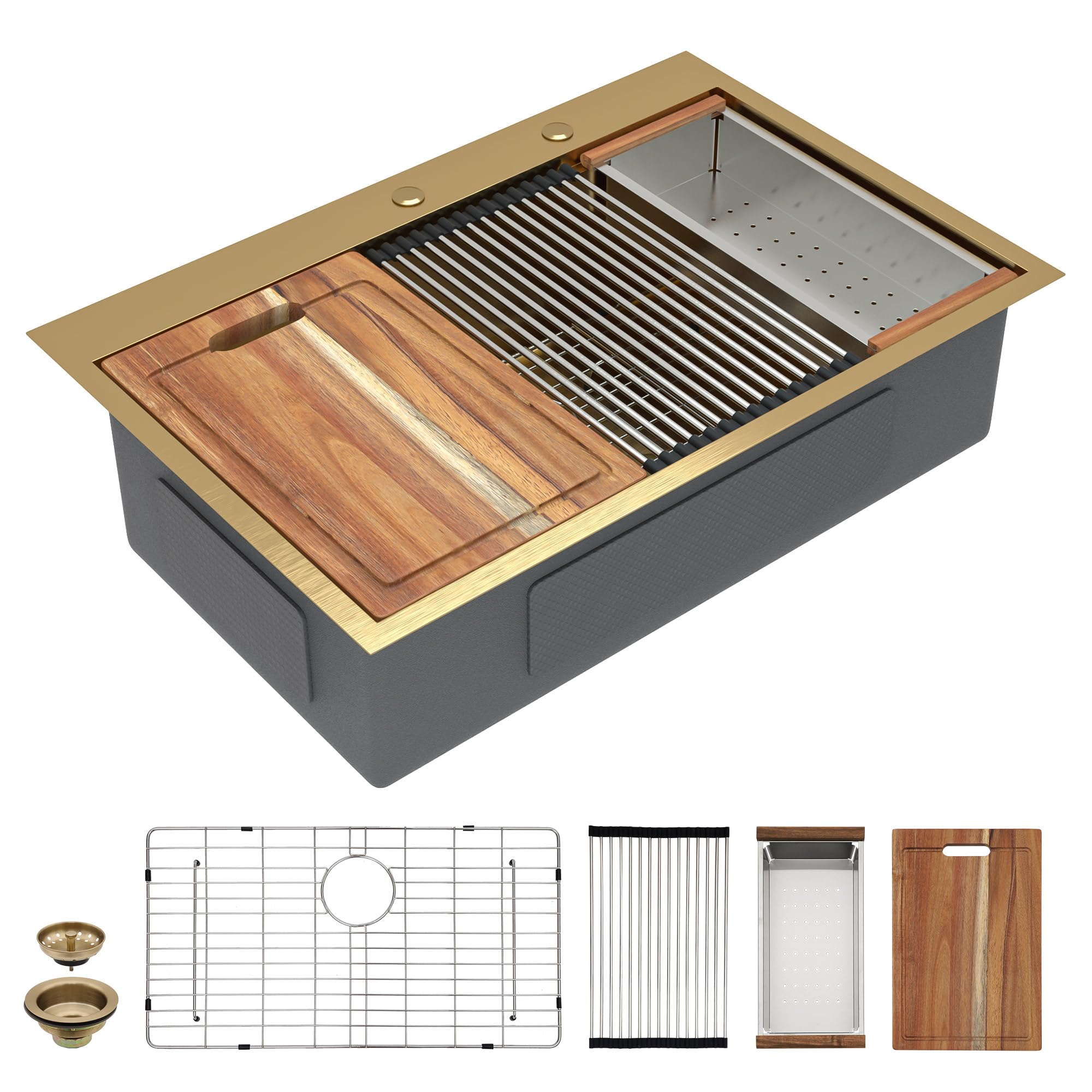 Photo 1 of 33 Gold Kitchen Sink Drop In - Fulorni 33x22 Inch Kitchen Sink Gold NANO-PVD Drop In Topmount Ledge Workstation 16 Gauge Stainless Steel Above Counter Single Bowl Large Sink Basin