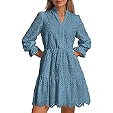 PRETTYGARDEN Women's Spring 2025 Long Puff Sleeve Mini Dress Hollow Out Lace V Neck A Line Ruffle Casual Party Dresses