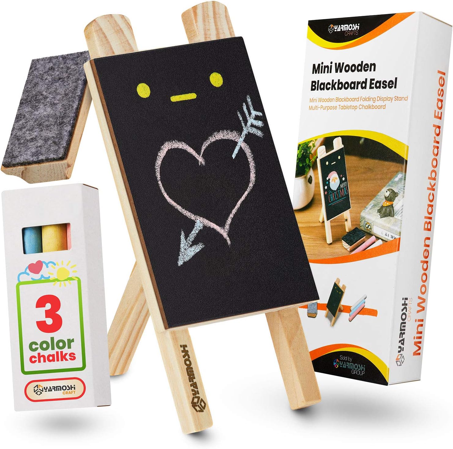 YARMOSHI Chalkboard Easel in One - Small Cute Blackboard Sign. with 3 Chalks. Used for: Fun Party Notes, Messages, Weddings, Memo, Place Cards. Extra Sturdy Design with Vintage Feel (Small Board)