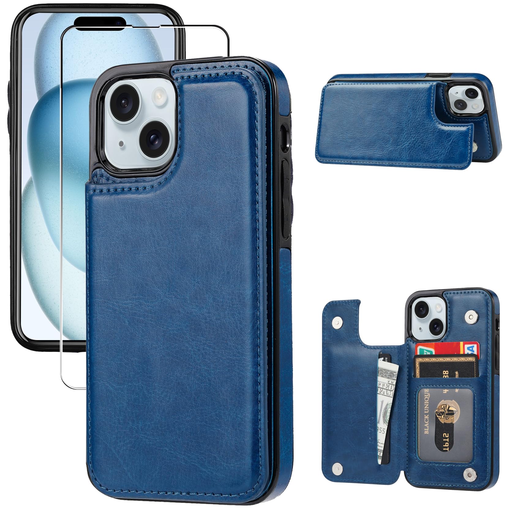 JOYAKI Wallet Case Compatible with iPhone 15,Slim Protective case with Card Holder,Premium PU Leather Kickstand Card Slots Case with 1 Screen Protective Glass for iPhone 15 (6.1")-Deep Blue