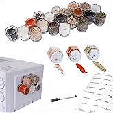 OPTWISELY Set of 20 Magnetic Spice Jars for Refrigerator, Glass Small Hexagon Magnet Seasoning Containers with Labels, shaker